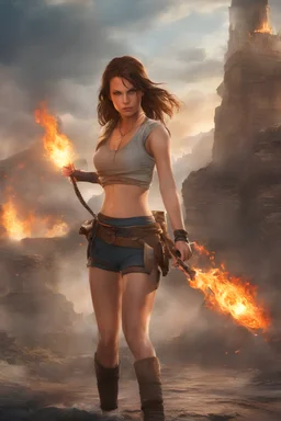 Realistic photo of young Lara Croft with long hair and wearing only shorts and is holding a flaming whip, with a temple in the background