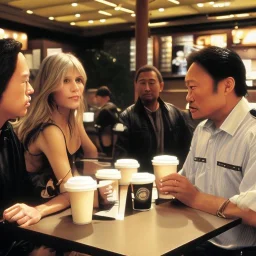 Courtney Cox, Courtney Love and Ken Watanabe chatting happily over coffee at Starbucks