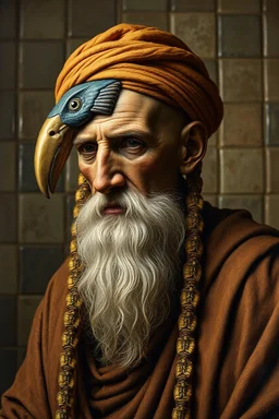 master oil painting by Rembrandt, realistic rendering Portrait of the Apkallu sage who were sent by the god Ea to teach civilization to humanity before the flood. They were depicted as half-human and half-fish or bird, and were associated with wisdom, magic, and culture. blurred tile pattern background, brightened edges to give a sense of depth