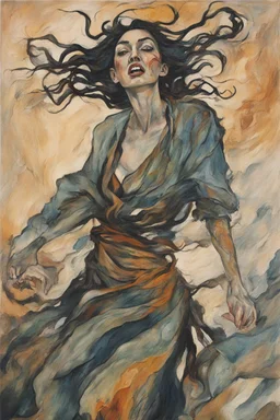 Painting of a wailing Banshee girl, in the Expressionist style of Egon Schiele, Oskar Kokoschka, and Franz Marc, in muted natural colors