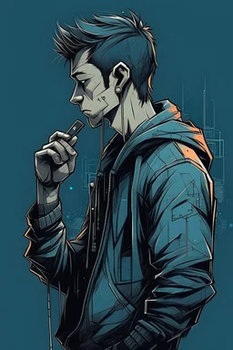 man, profile, cyberpunk, holding a cellphone, comic book art style, geek, engineer, t-shirt, jeans, drug addict, hoodie,