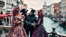 Create a captivating scene set in a picturesque Venice during the Carnival, where elegantly dressed individuals in extravagant masks and costumes engage in playful interactions by the serene canals. The atmosphere is filled with a sense of mystery and revelry, highlighted by intricate details of the ornate attire and the stunning backdrop of historic architecture. Explore themes of celebration, anonymity, and the beauty of traditional festivities.