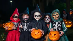 Halloween celebration, young children in disguises, fancy dress, scary masks, skeleton, trick-or-treat, fun, happy, excitement, carved-pumpkin-faces, spooky, night, award-winning photograph