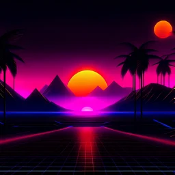 twilight memories, synthwave pistures style, with neon lights and the sun far away