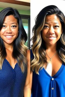 Gina Rodriguez at 25% transformation reveals subtle changes in her appearance. Her physique gains a touch of curvature, and her facial features become refined. Hair lightens to a vibrant blonde, cascading down her shoulders in waves. A gentle glow enhances her complexion. Measurements hint at increased curves. Outfit shifts to snug jeans and a form-fitting top. Body: Curved, Subtle Changes, Refined Hair: Blonde, Waves Complexion: Glowing Facial Features: Enhanced Measurements: Slight Curves