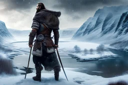 portrait of a viking warrior standing on a snow covered cliff overlooking a river far below