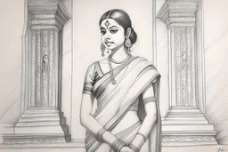 pencil sketch of a girl in a temple in a saree