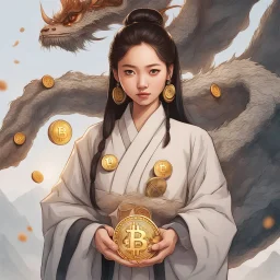 Bitcoin cryptocurrency in the hands of a traditional chinese girl, dragon