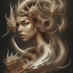 sango fantasy, fantasy magic, intricate, sharp focus, illustration, highly detailed, digital painting, concept art, matte, artgerm and paul lewin and kehinde wiley, masterpiece silver dragon head golden Asian nice breast Afo woman black waves