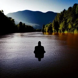 dark man shadow float in sky. scared people. river. river rock . valley . night