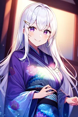 girl, masterpiece, best quality, cinematic lighting, detailed outfit, vibrant colors, perfect eyes, white hair, purple eyes, long hair, dragon pattern kimono, indoors, light rays, hairclip, smile,