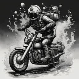 A Black & White Illustration of A Deep Sea Diver in diving gear Riding a 1970's Chopper Motorcycle