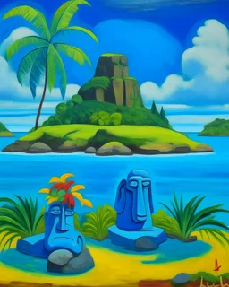 A blue island filled with Hawaiian tikis painted by Paul Gauguin