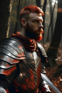 Man van 30, copper rood kort haar, baard, silveren armour, in het bos, zwaard, schilderrij, 4k