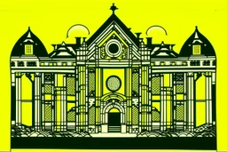 A pale greenish yellow flashing palace with defensive shields painted by Roy Lichtenstein