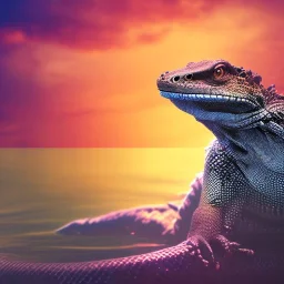 Black monitor lizard with a flower crown on floating behind a sunset with bubbles