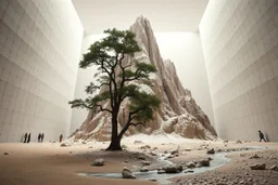 Photograph, a mass of terrain, giant museum space, tree, high walls, high peak in a room, rag, powder, brook, persons, sediments, deflagration of the background, geological formation, light, architecture, minimalist, details of the terrain very accentuated, 8k, deep 3d field, sharp, brutalist, hasselblad h6d400c --ar 85:128 --v 6.0
