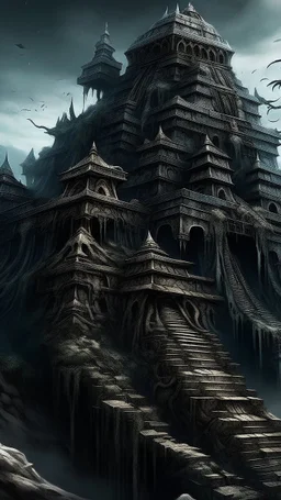 A sinister looking chaotic castle designed in Mayan architecture