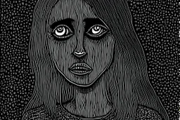 create a disturbing horror full body woodcut of a dark haired, savage, gothpunk vampire girl with highly detailed , sharply defined hair and facial features, in a dark, otherworldly London in the style of Junji Ito, precisely drawn, inked, with dramatic edges,