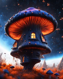 A weird floating mushroom house in galactic space. black blue orange and white, Dark cosmic interstellar. Detailed Matte Painting, deep color, fantastical, intricate detail, splash screen, hyperdetailed, insane depth, concept art, 8k resolution, trending on Artstation, Unreal Engine 5, color depth, backlit, splash art, dramatic, High Quality Whimsical Fun Imaginative unusual, good composition