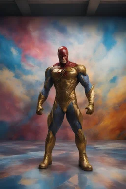 the Flash, Gold boots, extremely huge, overexaggerated muscles, posing and flexing in a front of the camera, random extreme action poses, an extremely colorful, multicolored foggy blue marble wall in the background with a colorful marble tile floor, multicolored lightning, realism engine,