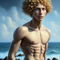 intricate, sharp focus, highly detailed, digital painting, Paul Lewin and Kehinde Wiley, full body image of a beautiful 12 year old boy with long, blonde curly hair and light blue eyes, smiling, shirtless, in front of an distant beach