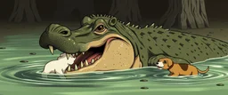 realistic anime crocodile hippo dog mustache manwith fluffy hair, doing dog things and eating small dog in the style of fallout 4 and giger and escher