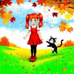 create a wide autumn-themed painting of a red-haired girl with pigtails, freckles and big blue eyes, in a terracotta dress, black stockings and red boat shoes, standing among falling leaves in a golden field, blowing clear balloon-bubbles, a gray and white cat jumping playfully beside her, cloudy sky, vivid autumn colors --ar 16:9 --v 7