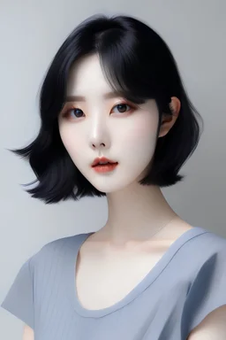 korean model, pale skin, short black hair dyed sliver, blue eyes, heart-shaped face, hourglass figure, full body