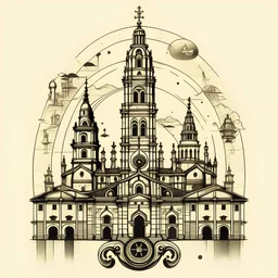 estampa de camiseta. catedral de santiago de compostela desenhado na base de uma vieira