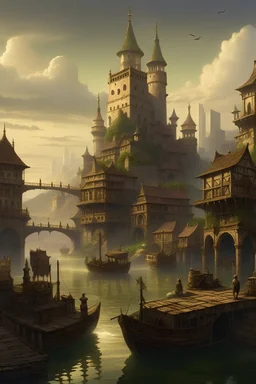 Giant port city, pathfinder, dungeons dragons, Lockwood, mist, 4K
