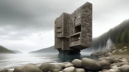 MINIMALIST CUBIC BUILDING ON THE ROCKY SHORE OF A LAKE, Ultra detailed, Sasquatch, Nature photography, Tornado, Honeycombs