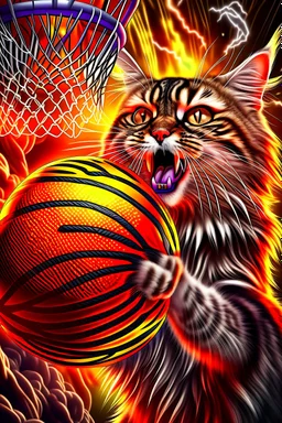 13k, highly realistic and detailed image of a NBA cat basketball player in action dunking the ball in the net, sweaty hair, screaming look,action and explosive background