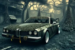 2000's gaspunk aesthetic vaporwave wood trees with garage and car clasic and balck car low intricate detail intricate detail gaspunk