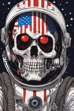 A close up of a skeleton face looking shocked, in an astronaut helmet and suit floating in space. inside the hollow eyes are red shining lights, scary. On his suit is an American flag and in his one hand is a small wavering American flag, on it is written "boned in the USA". From the back of his suit is blowing out blue, white and red smoke. Realistic, 8k, highly detailed, funny