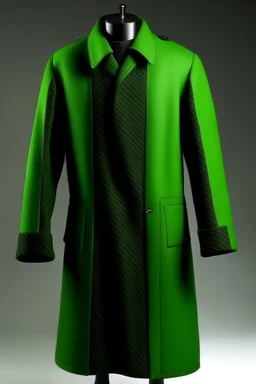 Man's green long wool coat with embossed black large bars