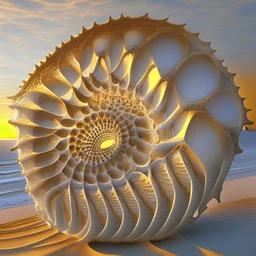 finely geometrical fractal shell, nautilus regular logarithmic spiral geometrically developed fibonacci, translucent, parametric architecture grasshopper, in the golden hour time greek island --v 5 --ar 5:8**