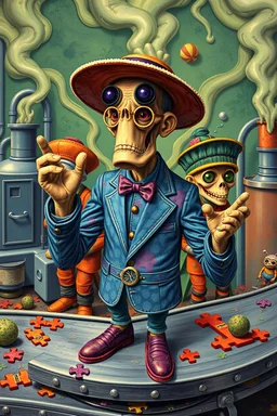 Lowbrow Pop Surrealism, Hallucinogenic Man on Conveyer Belt made of Trippy Puzzle piece characters, whimsical factory Background, by Salvia Droid, Kenny Scharff, Todd Schorr