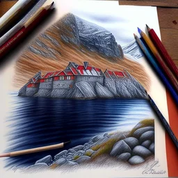 Colored pencil drawing. Norwegian lancscape. Realistic, professional.