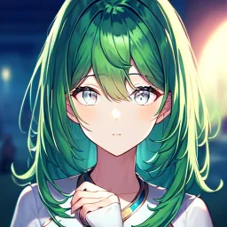 8k, Girl, high quality, detailed, green hair, white eyes, beautiful lighting,