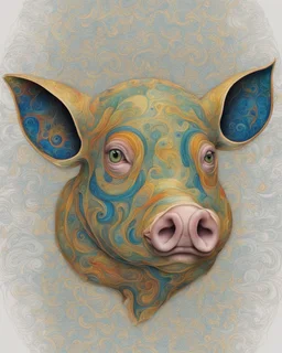 Leonardo Da Vinci's stunning psychedelic masterpiece of a fascinating pig head with extraordinary eyes and elongated ears, with colorful ink, shows Leonardo's style. Adorned with intricate swirls, dots and patterns on white background. Vibrant blue, green, gold, silver, amber, warm yellow and platinum layer recalls the colors of Gustav Klimt. Delicate pencil-like lines create timeless hand-drawn quality. The pig's face is central focus, vector style, preserving the essence of hand-drawn work