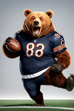 big burly Bear takes a playful turn in a football-themed crossover! Dressed in a Chicago Bears jersey, he stands on the field with a football in hand, a mischievous grin on his face. Instead of his usual magic, he balances the football effortlessly on his finger, ready to bring magic to the game. The scene is set against a white background.