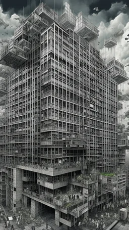 Synthography Art in Bocsh painting style generated Of a high rise building with visual details of mechanical and electrical components and chips and components textures with gray clouds storm in the background. Filled with people’s and balconies