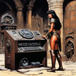 [art by Ray Harryhausen] a youthful Caroline Munro cautiously approaches the weathered and worn console, the most clever ordinateur in the universe. The once gleaming machine now bears the marks of time, covered in a layer of rust and dust that speaks of ages past. Despite its aged appearance, the user is granted access to a realm of knowledge and possibilities beyond her wildest dreams. The power and intelligence contained within this ancient ordinateur are shrouded in mystery, its mechanisms