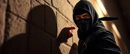 close up on guard pointing at professional ninja thief climbing a wall during lightening,