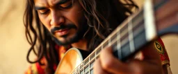 goa folk electronica trance, latin breaks, guitar, sitar, indian vibes, fsol, close up portrait, amazed