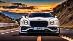 A sleek white shiny (((Bentley Porsche))), its contours and details perfectly captured in a (((cinematic view))), zipping along a winding road under a beautiful blue black night sky