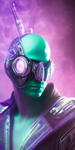 purple galaxy masked super villain, weapons in hands, teal and purple smoke, full portrait, hyper realistic, 4k