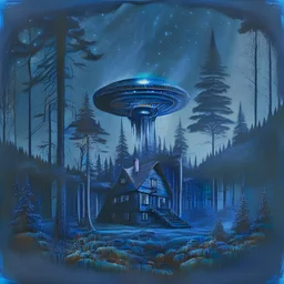 a black metal album cover showing a dark forest with a house in the distance and a UFO in the sky dark blue photorealistic