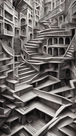 a mind-bending scene inspired by the works of M.C. Escher. Create an environment where staircases defy logic and perspectives shift, challenging the viewer's perception and creating an optical illusion
